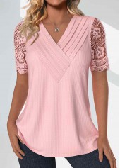 Rotita Tuck Stitch T-shirt rose clair à col en V