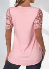 Light Pink tops,Plain Color tops,ROTITA Tuck Stitch Light Pink V Neck T Shirt