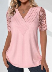 Light Pink tops,Plain Color tops,ROTITA Tuck Stitch Light Pink V Neck T Shirt