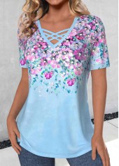 Light Blue tops,Floral tops,Plants tops,ROTITA Criss Cross Floral Print Light Blue T Shirt
