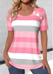 ROTITA Plus Size Button Light Pink Striped T Shirt