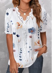 White tops,Floral tops,Plants tops,ROTITA Lace Floral Print White V Neck Short Sleeve Blouse