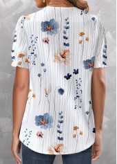 White tops,Floral tops,Plants tops,ROTITA Lace Floral Print White V Neck Short Sleeve Blouse
