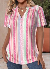 Pink tops,Striped tops,Geometric tops,Heart tops,ROTITA Frill Striped Pink V Neck Short Sleeve Blouse
