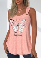 Dusty Pink tops,Animal Print tops,Letter tops,Floral tops,Plants tops,ROTITA Grommet Butterfly Print Dusty Pink Scoop Neck Tank Top