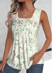 Sage Green tops,Floral tops,Plants tops,ROTITA Tuck Stitch Floral Print Sage Green Sleeveless Tank Top