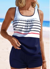 Navy swimwear,White swimwear,Striped swimwear,Geometric swimwear,ROTITA Contrast Binding Navy Striped Tankini Set