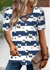 Navy tops,White tops,Striped tops,Geometric tops,Floral tops,Plants tops,ROTITA Criss Cross Striped Navy V Neck T Shirt