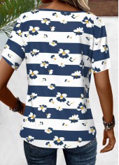 Navy tops,White tops,Striped tops,Geometric tops,Floral tops,Plants tops,ROTITA Criss Cross Striped Navy V Neck T Shirt