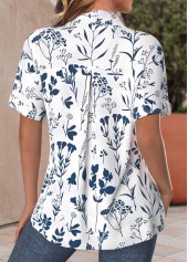 Peacock Blue tops,White tops,Plants tops,ROTITA Textured Fabric Leaf Print Peacock Blue Short Sleeve Shirt