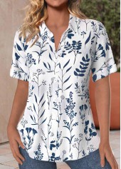 chemise à manches courtes bleu paon en tissu texturé imprimé feuilles rotita