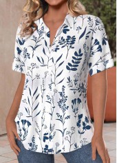 Peacock Blue tops,White tops,Plants tops,ROTITA Textured Fabric Leaf Print Peacock Blue Short Sleeve Shirt