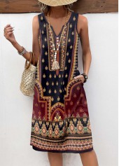 Multi Color dresses,Tribal dresses,Everyday dresses,Casual dresses,ROTITA Button Tribal Print Multi Color A Line Sleeveless Dress