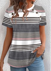 Multi Color tops,Striped tops,Geometric tops,ROTITA Button Striped Multi Color Round Neck T Shirt