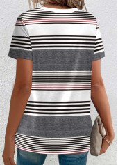 Multi Color tops,Striped tops,Geometric tops,ROTITA Button Striped Multi Color Round Neck T Shirt