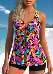 Drawstring Multi Color Floral Print Tankini Set