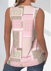 Light Pink tops,Tribal tops,ROTITA Tuck Stitch Patchwork Light Pink Round Neck Tank Top