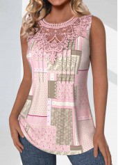 Light Pink tops,Tribal tops,ROTITA Tuck Stitch Patchwork Light Pink Round Neck Tank Top