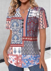 Multi Color tops,Tribal tops,ROTITA Button Patchwork Multi Color V Neck Short Sleeve Blouse