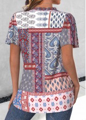 Multi Color tops,Tribal tops,ROTITA Button Patchwork Multi Color V Neck Short Sleeve Blouse