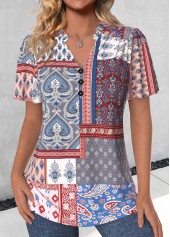 chemisier à manches courtes à col en V multicolore patchwork de boutons rotita