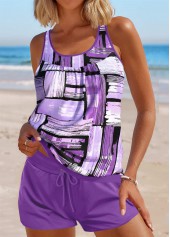 Rotita-Tankini-Set mit violettem geometrischem Aufdruck und Krawatte
