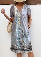 Grey dresses,Floral dresses,Plants dresses,Everyday dresses,Casual dresses,ROTITA Button Floral Print Grey A Line Split Neck Dress