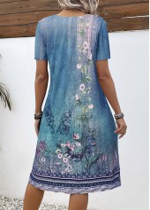 Blue dresses,Tribal dresses,Plants dresses,Everyday dresses,Casual dresses,ROTITA Button Floral Print Blue A Line Split Neck Dress