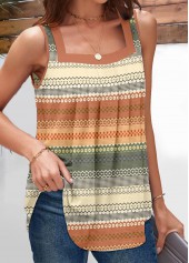 Multi Color tops,Striped tops,Geometric tops,Tribal tops,Pleated Striped Multi Color Square Neck Tank Top