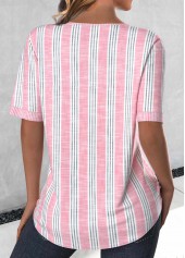 Light Pink tops,Striped tops,Geometric tops,ROTITA Button Striped Light Pink Split Neck Short Sleeve Blouse