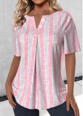 Light Pink tops,Striped tops,Geometric tops,ROTITA Button Striped Light Pink Split Neck Short Sleeve Blouse