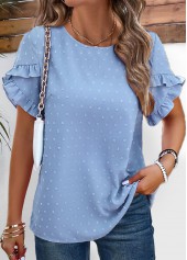 Dusty Blue tops,Plain Color tops,Button Dusty Blue Round Neck Short Sleeve Blouse