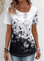 Black tops,White tops,Floral tops,Plants tops,Lightweight Floral Print Black Asymmetrical Neck T Shirt
