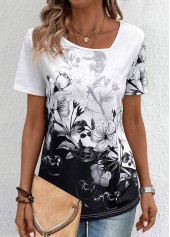 Black tops,White tops,Floral tops,Plants tops,Lightweight Floral Print Black Asymmetrical Neck T Shirt
