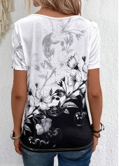 Black tops,White tops,Floral tops,Plants tops,Lightweight Floral Print Black Asymmetrical Neck T Shirt