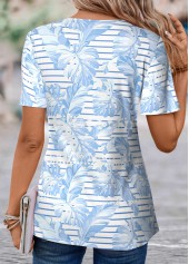 Light Blue tops,Striped tops,Geometric tops,Plants tops,ROTITA Fake 2in1 Striped Light Blue Round Neck T Shirt