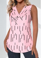 Light Pink tops,Geometric tops,Striped tops,ROTITA Surplice Geometric Print Light Pink V Neck Tank Top