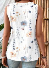 White tops,Floral tops,Plants tops,ROTITA Ruched Floral Print White Square Neck Sleeveless Tank Top