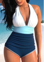Navy swimwear,White swimwear,Contrast Color swimwear,ROTITA Patchwork Navy Tie One Piece Swimwear