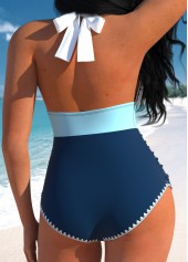 Navy swimwear,White swimwear,Contrast Color swimwear,ROTITA Patchwork Navy Tie One Piece Swimwear