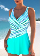 Mint Green swimwear,Striped swimwear,Geometric swimwear,ROTITA Patchwork Mint Green Multi Stripe Print One Piece Swimdress