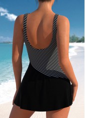 Black swimwear,Striped swimwear,Geometric swimwear,ROTITA Surplice Black Striped One Piece Swimdress