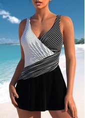 Black swimwear,Striped swimwear,Geometric swimwear,ROTITA Surplice Black Striped One Piece Swimdress