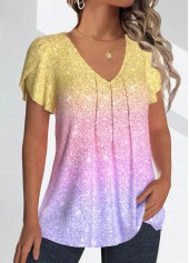 Multi Color tops,Ombre tops,ROTITA Tuck Stitch Ombre Multi Color V Neck T Shirt