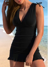 Black swimwear,Plain Color swimwear,ROTITA Ruched Wide Strap Black Swimdress Top