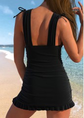 Black swimwear,Plain Color swimwear,ROTITA Ruched Wide Strap Black Swimdress Top