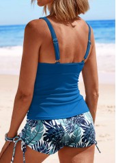 Denim Blue swimwear,Plants swimwear,ROTITA Split Denim Blue Plants Print Tankini Set
