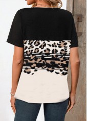 Black tops,Beige tops,Leopard tops,Striped tops,Geometric tops,Animal Print tops,ROTITA Button Leopard Black Split Neck Short Sleeve T Shirt