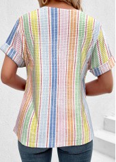 Multi Color tops,Striped tops,Geometric tops,ROTITA Button Striped Multi Color Round Neck T Shirt