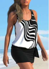 Black swimwear,Geometric swimwear,ROTITA Bowknot Black Geometric Print Tankini Set